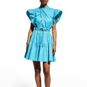 Derek Lam Turquoise Blue Ruffle-Sleeve Belted Mini Dress